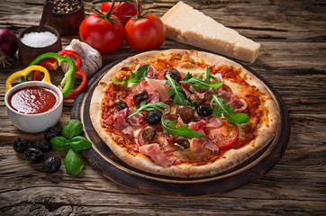 Delicious italian pizza served on wooden table