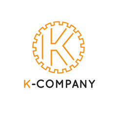 Vector minimalistic outline orange K letter logotype. Cogwheel