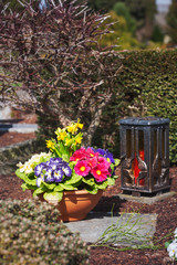 Fototapeta na wymiar Grave with spring flowers