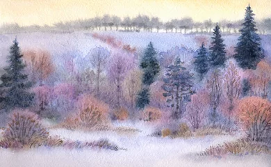 Papier Peint photo autocollant Lavende Paysage à l& 39 aquarelle. Forêt d& 39 hiver dans la vallée