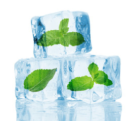 Ice cubes with mint, isolated on white