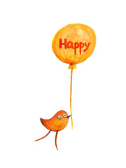 Red bird with balloon. Happy. Watercolor