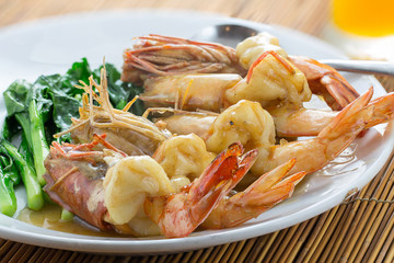 Fried King Prawns Asian Look shrimp with vegetable in plate whit