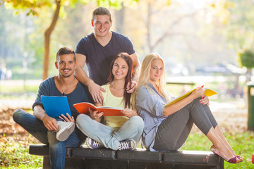 Group of four college students studying together in a park