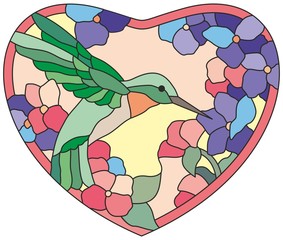 Stained glass window сolibri flowers heart