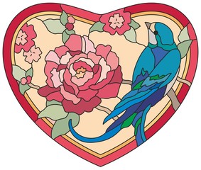 Stained glass window Birds flowers heart