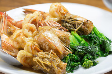 Fried King Prawns Asian Look shrimp with vegetable in plate whit