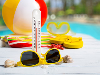 Summer concept of high temperature, flip flop shoes, sunglasses