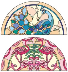 Stained glass window peacock, pink flamingo