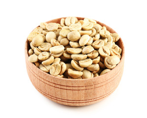 Coffee beans in small bowl isolated on white