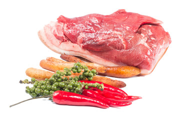 pork and spices Before cooking isolate on white