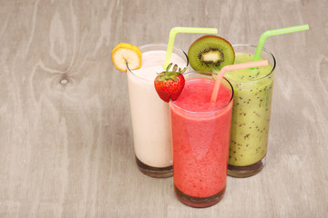 healthy glass of smoothies collection flavor on wood background