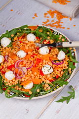 Red lentil salad with mozzarella and arugula