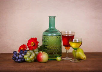 Still life with wine, fruits and flowers