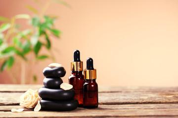Beautiful spa composition on wooden table, on brown background