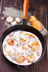 Frying pan with fried chicken breast, mushrooms and greens