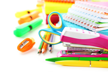 Bright school stationery, isolated on white