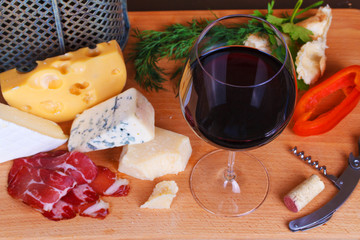 Glass and bottle of wine, cheese and prosciutto