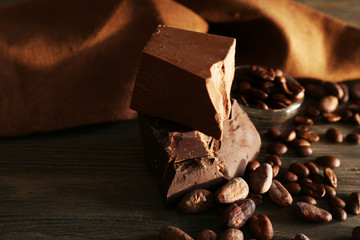 Still life with set of chocolate with coffee grains, closeup