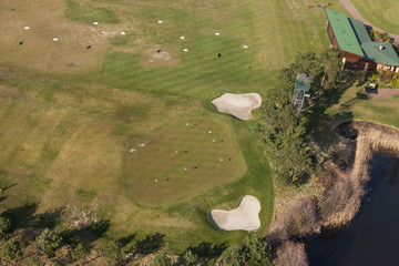 Aerial view over golf field