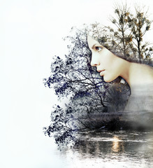 abstract double exposure of woman and beauty of nature at the su