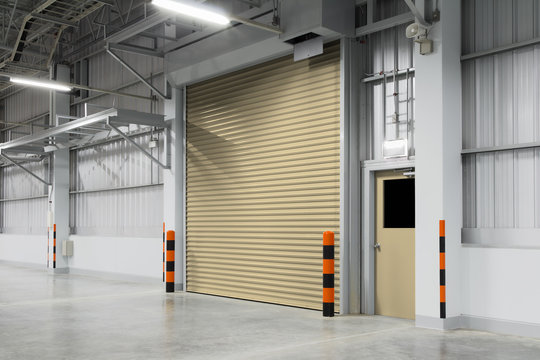 Roller door or roller shutter. Also called security door. Automatic operation with electric motor. For protection home or building i.e. factory, warehouse, hangar, workshop, shop, store and garage.