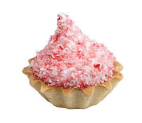 Cake with white air  protein   cream and red  confectionery spri