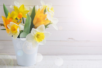 Background with fresh tulips and narcissus