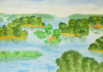 Lake with islands, painting