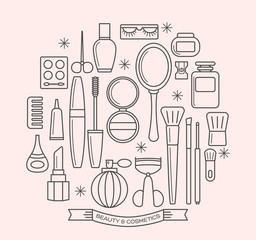 beauty and cosmetics thin line outline icons set