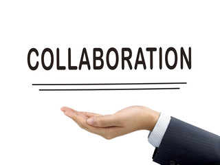 collaboration word holding by businessman's hand