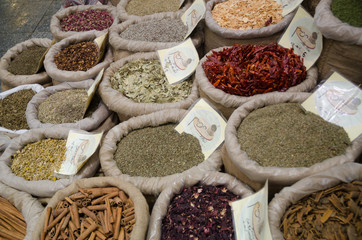 Spices nuts and other food for sale at a market, Jerusalem