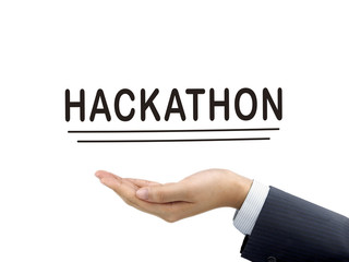 hackathon word holding by businessman's hand