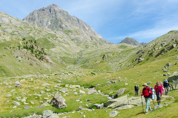 Fototapeta na wymiar Group of people walking in the Spanish Pyrenees (GR11 trail)