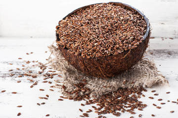 linseed, flax seeds on sackcloth