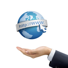 businessman's hand holding globe Internet symbol