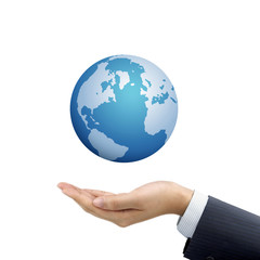 businessman's hand holding globe symbol