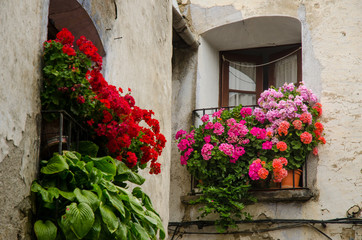 Fototapeta na wymiar Window with flowerboxes, Torla, Spain.