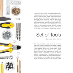set of tools on white background top view