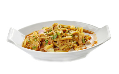 Spicy shredded bamboo-shoot salad white on background