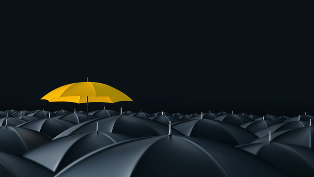 Umbrella standing out from crowd mass concept