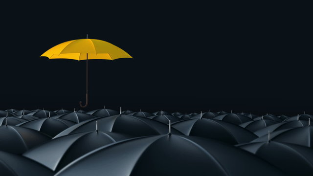 Umbrella standing out from crowd mass concept