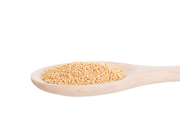 White mustard in a wooden spoon, it is isolated