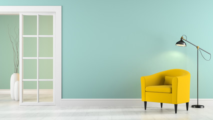 Interior with armchair, lamp and vases 3D rendering