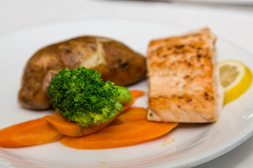 Broiled Salmon with Vegetables and Baked Potato