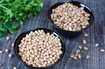chickpeas and beans in bowls