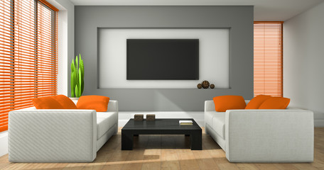 Interior of the modern design room with orange jalousie 3D rende