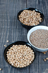 chickpeas, beans and lentils in bowls