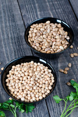 chickpeas and beans in bowls
