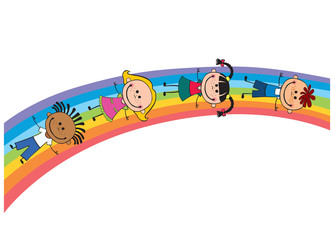 Obraz premium children on a rainbow, vector illustration